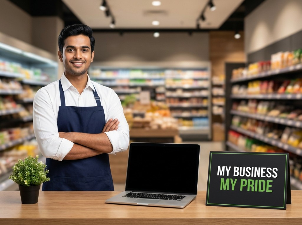 Business owner in a shop celebrating sole proprietorship registration